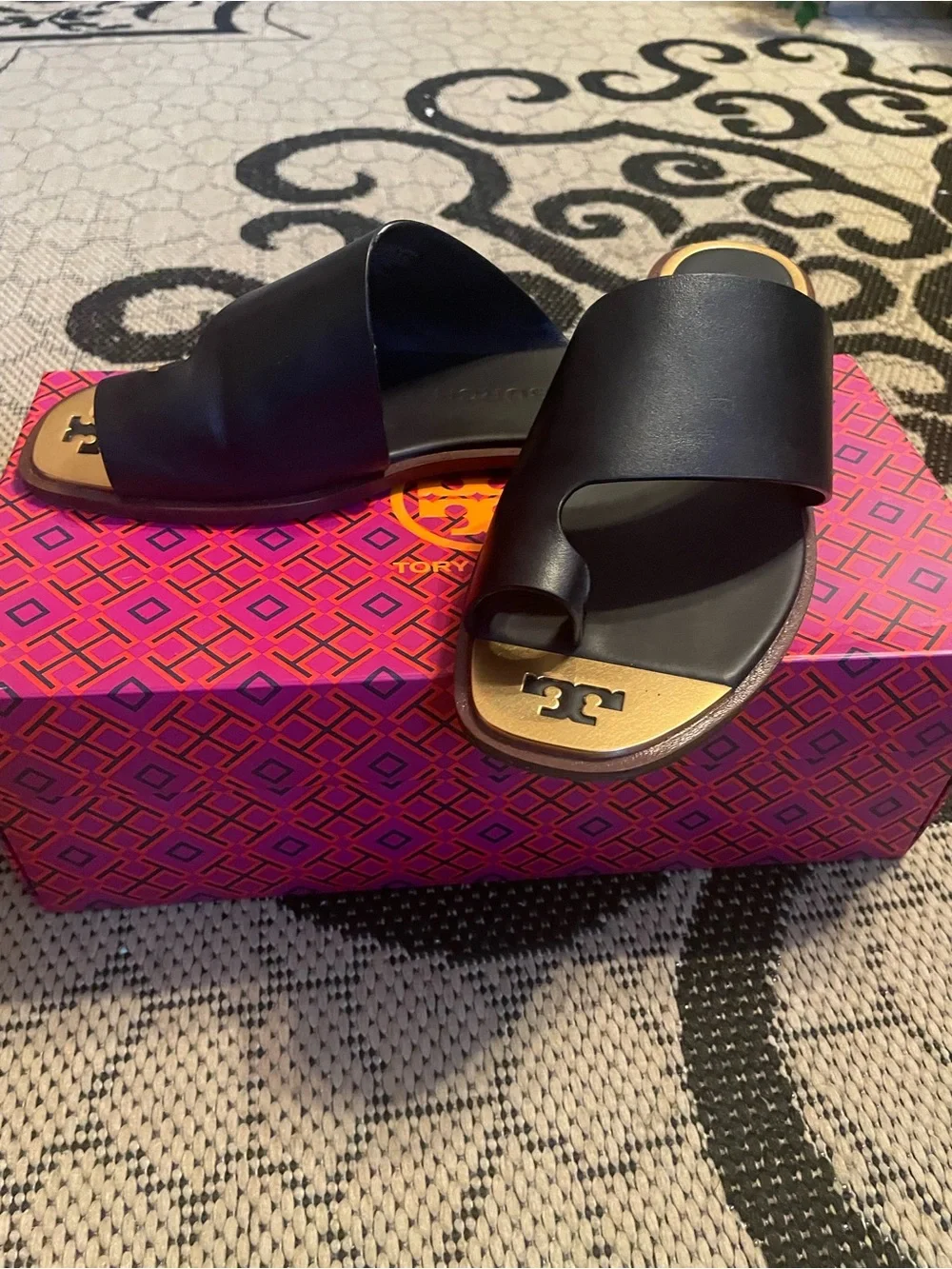 Tory Burch Black Leather Toe-Ring Slide Sandals with Gold Logo Inset